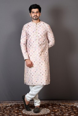 Cream Brocade Silk Printed Party Wear Kurta
