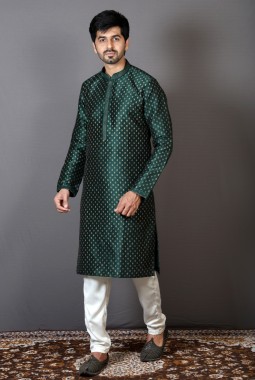 Bottle Green Silk Printed Sangeet Kurta