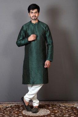 Bottle Green Silk Printed Sangeet Kurta