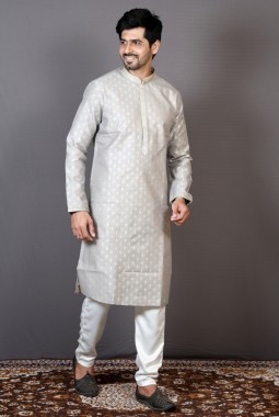 Grey Brocade Silk Solid Color Engagement Ceremony Kurta