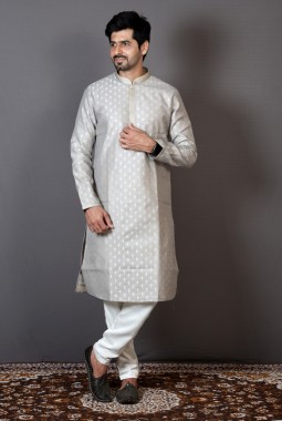 Grey Brocade Silk Solid Color Engagement Ceremony Kurta