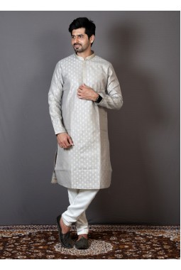 Grey Brocade Silk Solid Color Engagement Ceremony Kurta