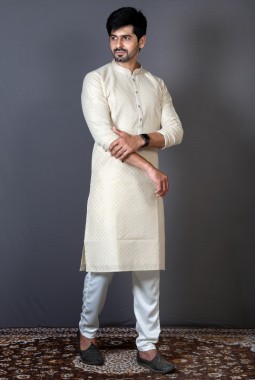 Cream Brocade Silk Printed Party Wear Kurta