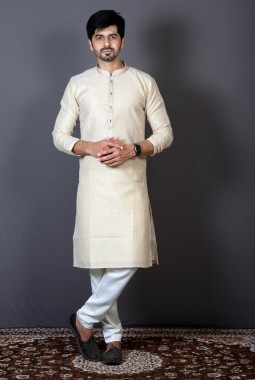 Cream Brocade Silk Printed Party Wear Kurta