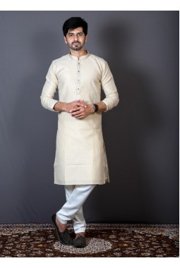 Cream Brocade Silk Printed Party Wear Kurta
