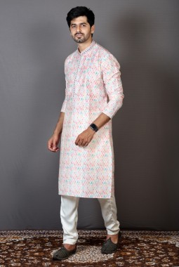 Multicolor Brocade Silk Printed Engagement Ceremony Kurta
