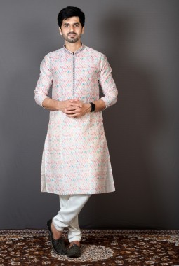 Multicolor Brocade Silk Printed Engagement Ceremony Kurta