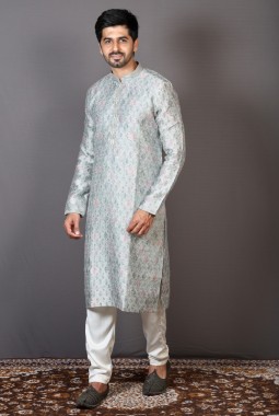 Grey Banarasi Silk Printed Festival Wear Kurta