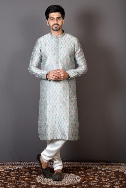 Grey Banarasi Silk Printed Festival Wear Kurta