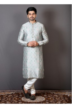 Grey Banarasi Silk Printed Festival Wear Kurta