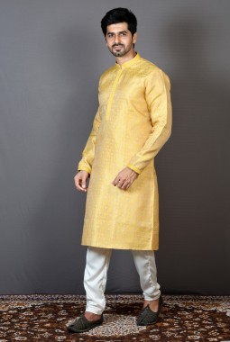 Yellow Brocade Silk Embroidered Haldi Function Kurta