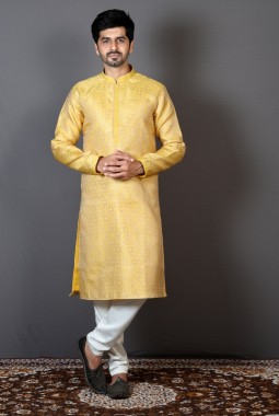Yellow Brocade Silk Embroidered Haldi Function Kurta