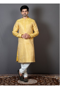 Yellow Brocade Silk Embroidered Haldi Function Kurta