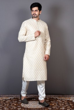 Cream Brocade Silk Printed Sangeet Kurta