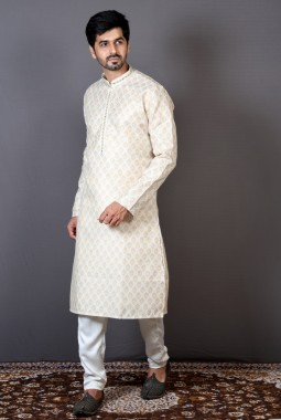 Cream Brocade Silk Printed Sangeet Kurta