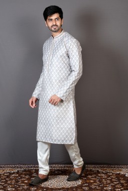 Cream Brocade Silk Printed Sangeet Kurta