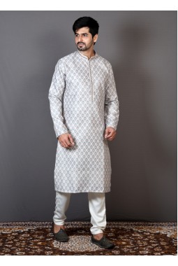 Cream Brocade Silk Printed Sangeet Kurta