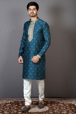 Teal Art Silk Printed Festival Wear Kurta