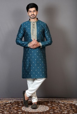 Teal Art Silk Printed Festival Wear Kurta