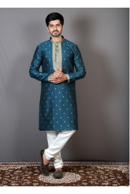 Teal Art Silk Printed Festival Wear Kurta