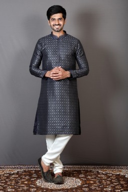 Navy Blue Brocade Silk Printed Party Wear Kurta