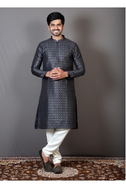 Navy Blue Brocade Silk Printed Party Wear Kurta