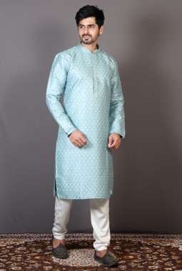Sea Green Silk Printed Engagement Ceremony Kurta