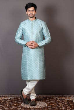 Sea Green Silk Printed Engagement Ceremony Kurta