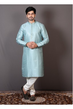 Sea Green Silk Printed Engagement Ceremony Kurta