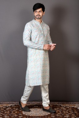 Multicolor Brocade Silk Printed Engagement Ceremony Kurta