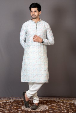 Multicolor Brocade Silk Printed Engagement Ceremony Kurta