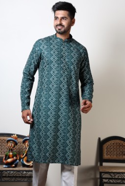 Bandhani Print Cotton Viscose Navratri Garba Kurta For Men In Green