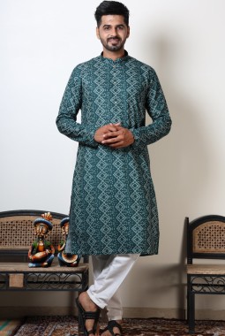 Bandhani Print Cotton Viscose Navratri Garba Kurta For Men In Green
