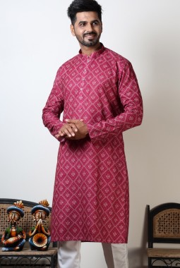 Navratri Garba Cotton Viscose Bandhani Kurta For Men In Pink
