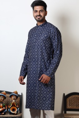 Cotton Viscose Bandhani Print Navratri Wear Kurta In Navy Blue