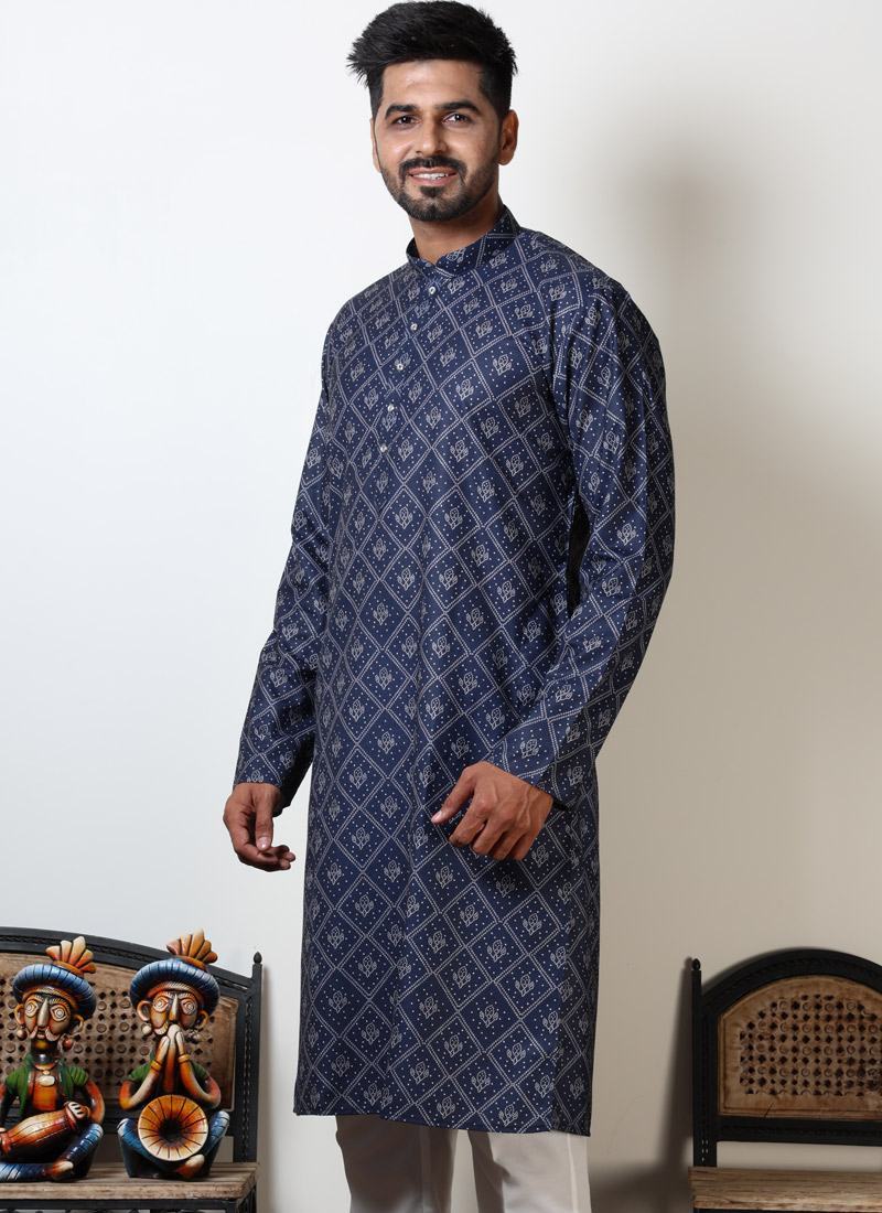 Cotton Viscose Bandhani Print Navratri Wear Kurta In Navy Blue Cotton Viscose Bandhani Print Navratri Wear Kurta In Navy Blue