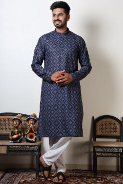 Cotton Viscose Bandhani Print Navratri Wear Kurta In Navy Blue