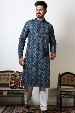 Navy Blue Cotton Viscose Navratri Kurta For Men