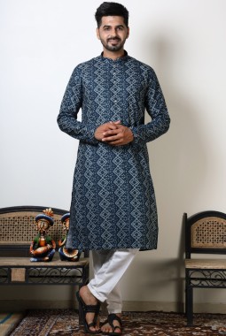 Navy Blue Cotton Viscose Navratri Kurta For Men