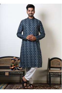 Navy Blue Cotton Viscose Navratri Kurta For Men