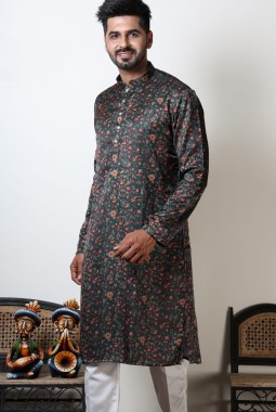 Floral Print Cotton Viscose Navratri Wear Kurta For Mens In Dark Green