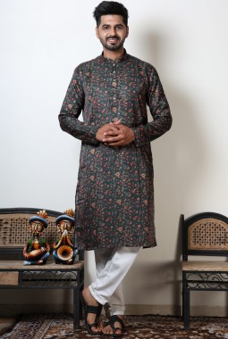 Floral Print Cotton Viscose Navratri Wear Kurta For Mens In Dark Green
