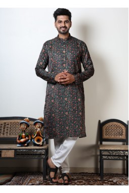 Floral Print Cotton Viscose Navratri Wear Kurta For Mens In Dark Green