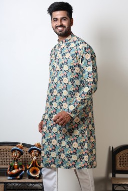 Navratri Cotton Floral Print Kurta In Pista Green