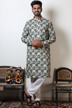 Navratri Cotton Floral Print Kurta In Pista Green