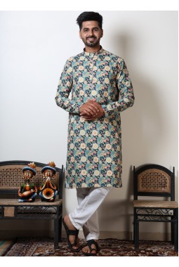 Navratri Cotton Floral Print Kurta In Pista Green