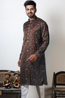 Maroon Cotton Floral Mens Kurta For Navratri 2024