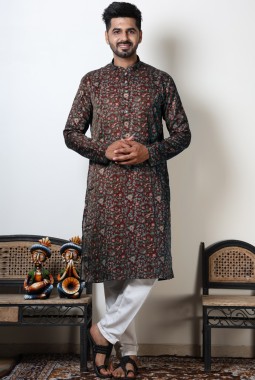 Maroon Cotton Floral Mens Kurta For Navratri 2024