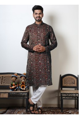 Maroon Cotton Floral Mens Kurta For Navratri 2024