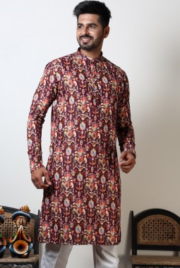 Abstract Print Knee Length Navratri Kurta For Mens In Maroon